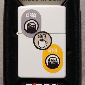 Zippo White Lighter with Sloth and Coffee Design